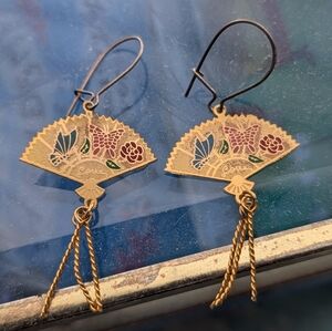 Elegant vintage  Gold Japanese Fan Earrings‎ with Floral Design